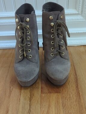 INC International Concepts Taupe Suede Lace-Up Ankle Boots with Gold Eyelets